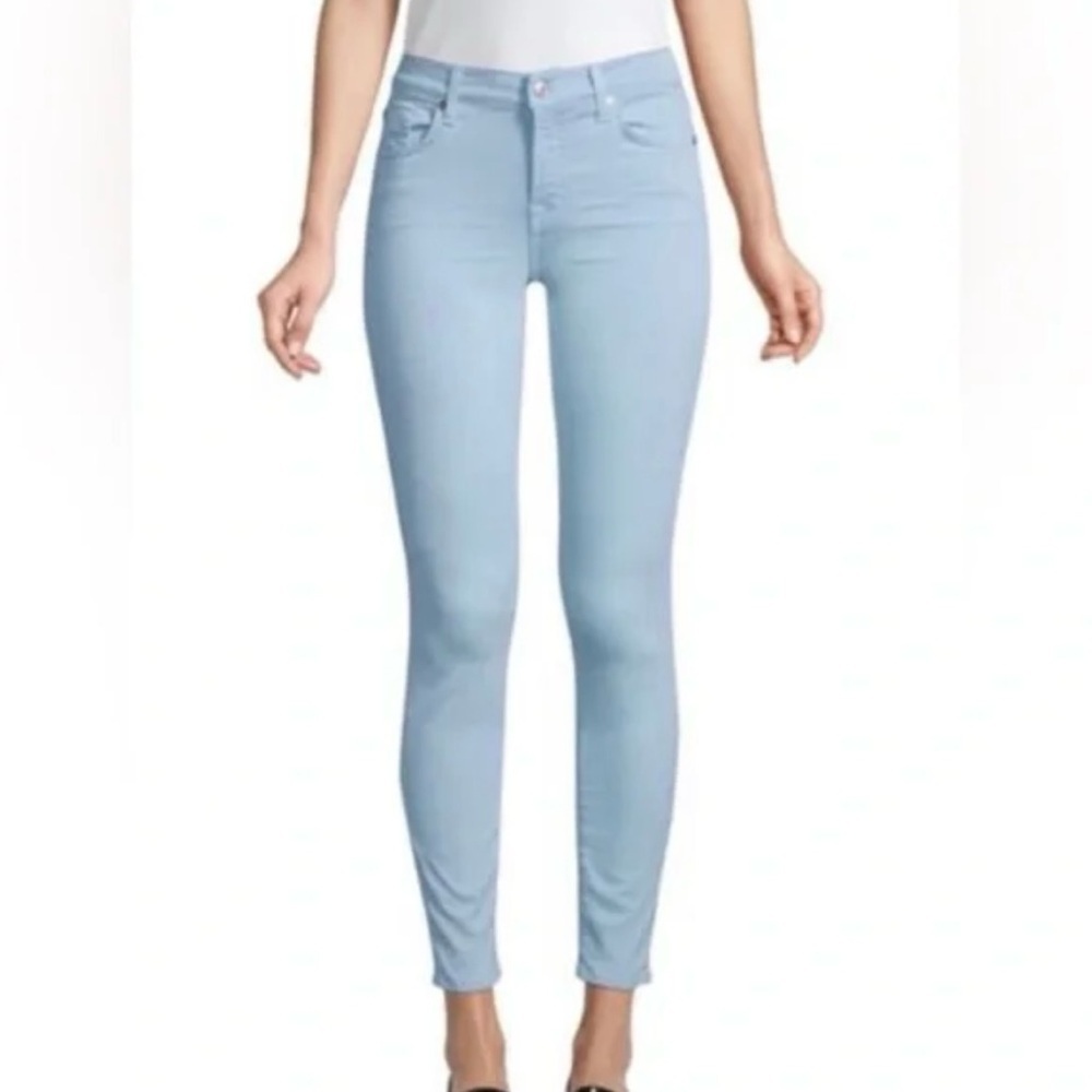 7 For All Mankind Gwenevere Mid Rise Pale Sky Blue Skinny Curvy Straight Jeans